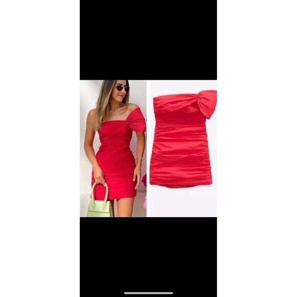 Zara Dresses & Skirts - Zara Bright Red One-Shoulder Ruched Mini Dress Size S